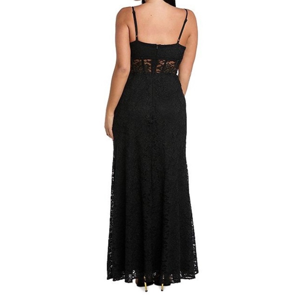 Morgan & Co Black Glitter Lace Corset Gown Maxi Dress Size 3 Slit Formal - Picture 2 of 7